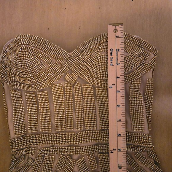 Andrea & Leo Gold Beaded Crystal Embellished Evening Strapless Gown Size 6 - Picture 11 of 13